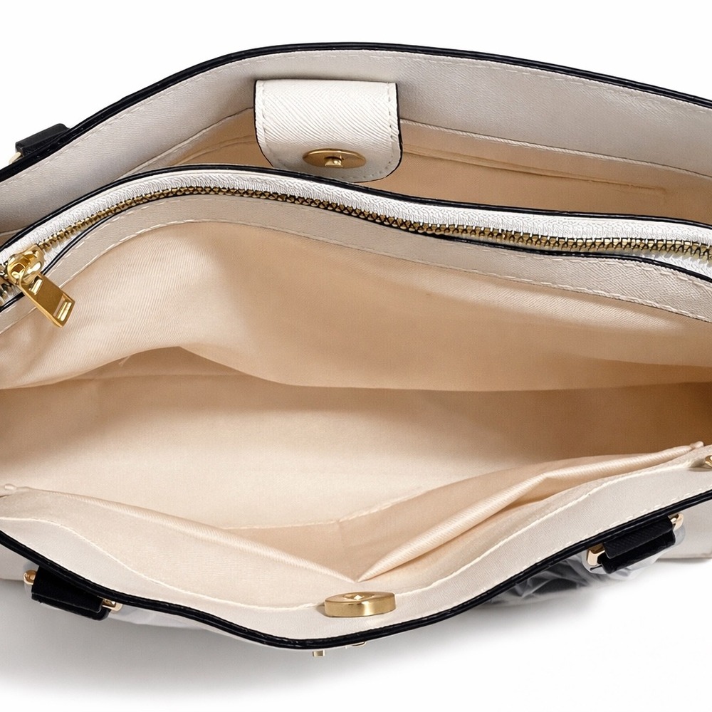Loulu White Saffiano Faux Leather Top Handle Purse with Black Handles Gold Logo - Picture 9 of 11